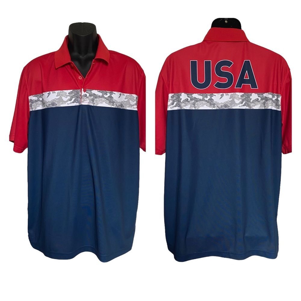 Walter Hagen USA Camo Golf Polo Shirt Blue Red Sz XL
